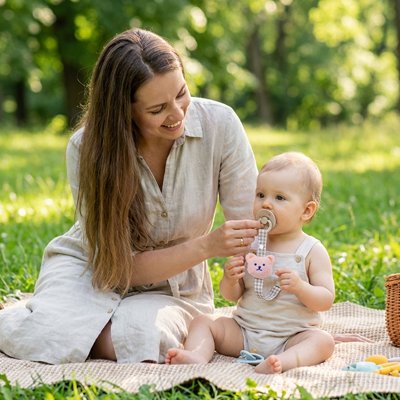 Attache tetine  bébé avec Maman au parc assis sur une couverture fleurie 