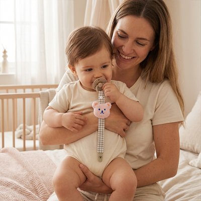 Attache tetine  bébé qui tien  son attache tetine  dans les bras de maman