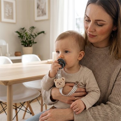 Attache tetine   bébé qui tient son attache tetine assis sur maman à la cuisine