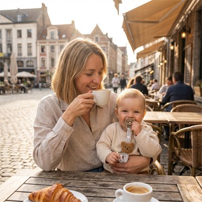 Attache tetine  Maman dans un café terrasse avec bébé et son attache tetine a la main