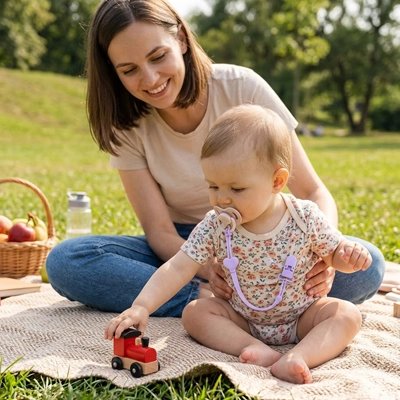 Attache tetine maman et bébé au parc assise sur une couverture avec jouets