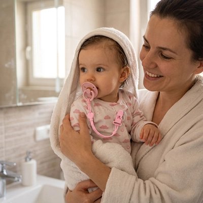 Attache tetine maman qui viens tout juste de donné le bain de bébé