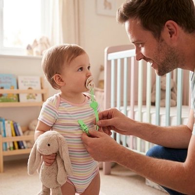 Attache tetine papa avec bébé qui lui installe l'attache tetine