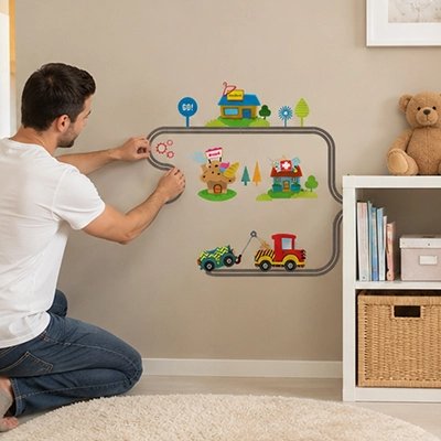 Autocollants muraux Éléments décoratifs complémentaires: inclut panneaux de signalisation, arbres, bâtiments et personnages pour enrichir la scène – La Boutik BéBé