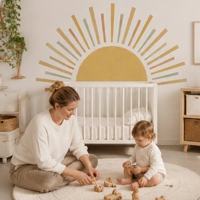 Autocollants muraux enfant Motif soleil levant : Design moderne composé d'un demi-cercle central avec des rayons multicolores pour une ambiance – La Boutik BéBé