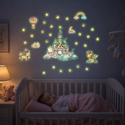 Autocollants muraux Ensemble complet décoratif: Kit incluant château central, animaux fantastiques, étoiles, lune, arc-en-ciel, nuages et montgolfière pour – La Boutik BéBé