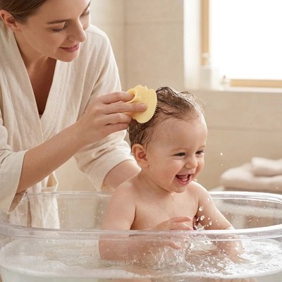 Brosse cheveux bebe Ergonomie pour parent: Forme arrondie facile à tenir et à manipuler d'une seule main pendant le bain ou les soins quotidiens