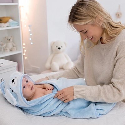 Cape de bain bébé Enveloppement sécurisant: Format généreux permettant d'emmailloter complètement le nourrisson pour éviter les refroidissements