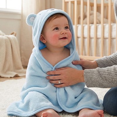 Cape de bain bébé   maman qui essuie bébé après un bon bain mousseux