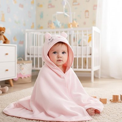 Cape de bain bébé  Un beau bébé avec une cape rose assise au sol avec ses jouets