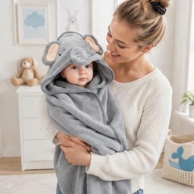 Cape de bain bébé Visages brodés mignons: Détails décoratifs avec yeux fermés et traits apaisants créant un univers tendre et rassurant
