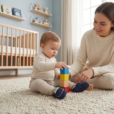 Chaussure bebe maman assis avec bébé qui joue 