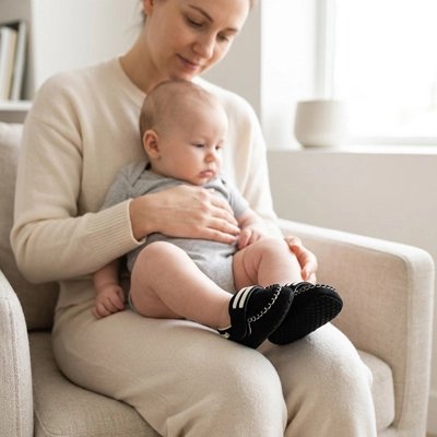 Chaussure bebe maman assis avec bébé qui regarde les souliers de bébé