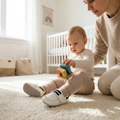 Chaussure bebe maman et bébé au sol de chambre, bébé joue 