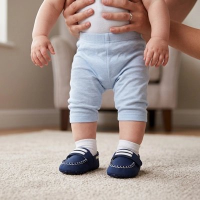 Chaussure bebe maman qui tiens bébé debout avec ses souliers
