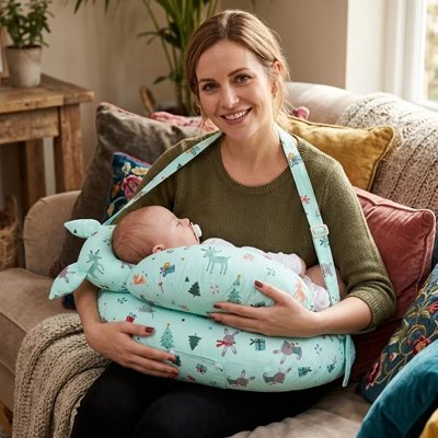Coussin allaitement maman assis au salon avec bébé endormie