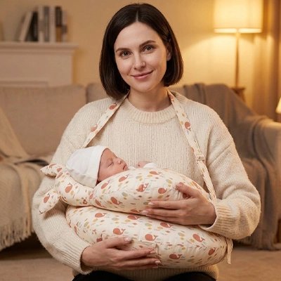 Coussin allaitement maman avec bébé sur le coussin allaitement  avec veilleuse