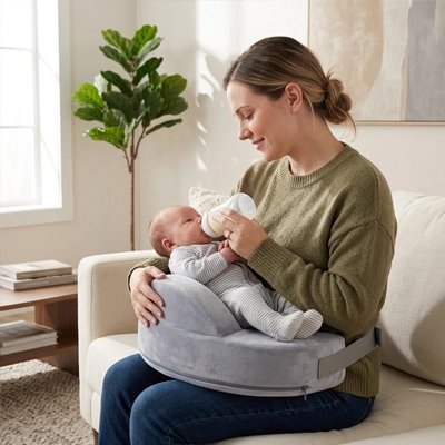 Coussin d'allaitement maman donne biberon bébé au salon sur divan