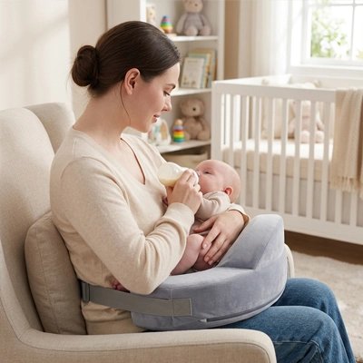 Coussin d'allaitement maman  et bébé dans chambre de bébé donnant  le biberon