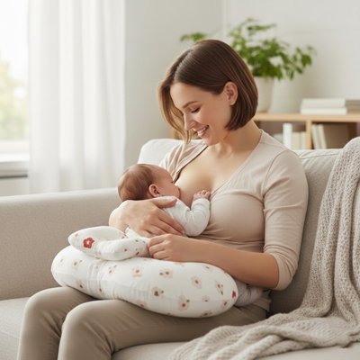 Coussin d'allaitement  maman qui allaite bébé bien assoupie sur le coussin d'allaitement