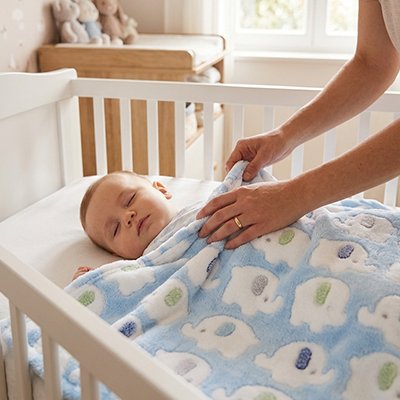 Couverture bébé bébé endormie dans son lit maman qui le récomforte avec cette belle couverture