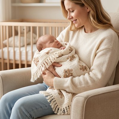 Couverture bébé Design: Coloris neutre beige et blanc s'intégrant à toutes les chambres