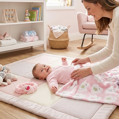Couverture bébé Maman qui dépose la  douce couverture sur bébé qui sourit