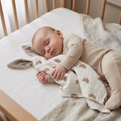 Doudou bébé dans sa basinette avec sa doudou enlacer dans ses bras