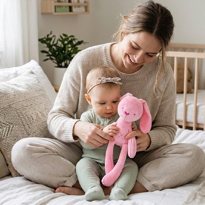 Doudou lapin bébé assis avec Maman et la doudou rose