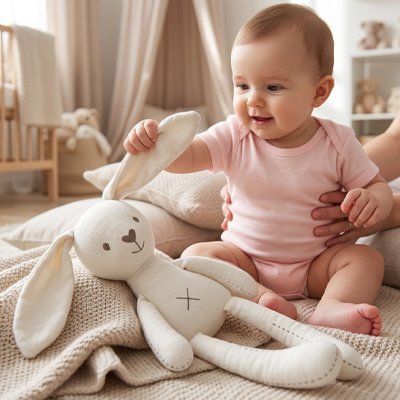 Doudou lapin bébé assis seul tout en s'accochant a l'oreille de la doudou