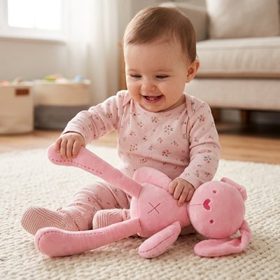 Doudou lapin Bébé assis sur son tapis qui joue avec son doudou lapin rose