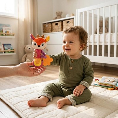 Hochet bébé bébé au sol de sa chambre donne hochet a maman