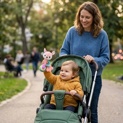 Hochet bébé maman avec bébé en pousette au parc