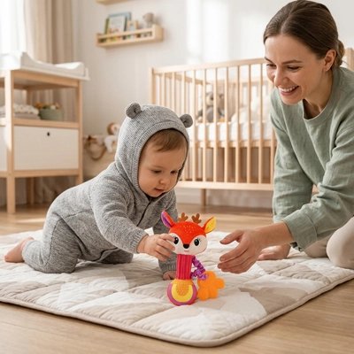 Hochet bébé maman qui joue avec bébé dans chambre du bébé