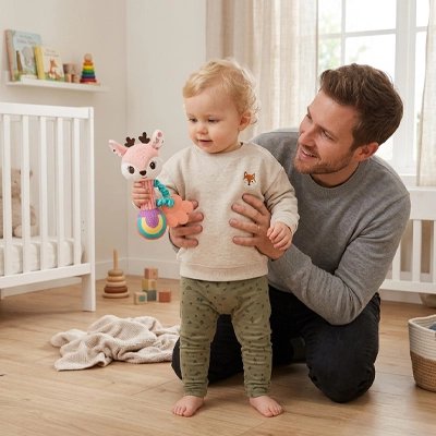 Hochet bébé papa a la chambre  tiens bébé debout avec bébé jouet a la main