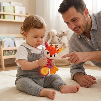 Hochet bébé papa au sol avec bébé content du hochet