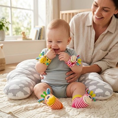 Hochet pour bebe avec maman sur couveture de laine 