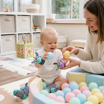 Hochet pour bebe bébé et maman qui joue avec balle