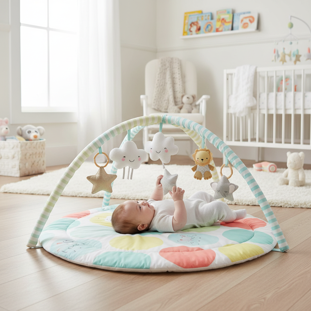 Tapis d'éveil avec arches et jouets en tons pastel