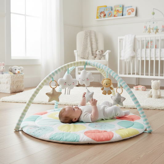 Tapis d'éveil avec arches et jouets en tons pastel