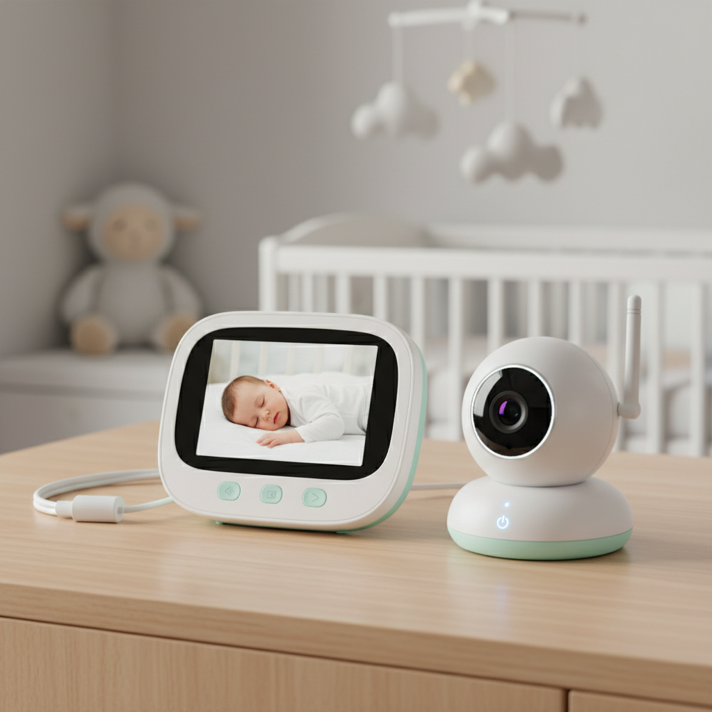 Moniteur vidéo pour bébé en blanc et menthe pastel