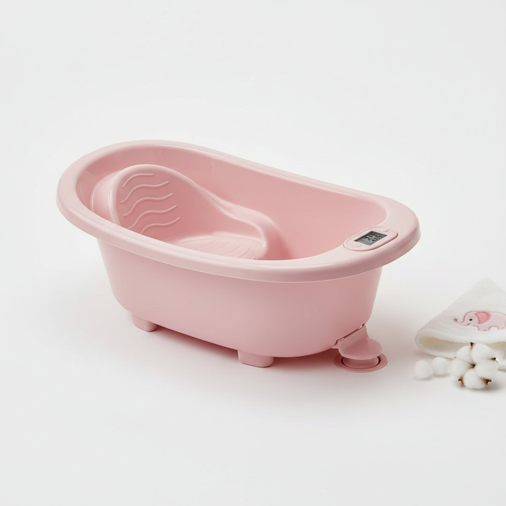 Baignoire pour bébé rose pastel avec indicateur de température