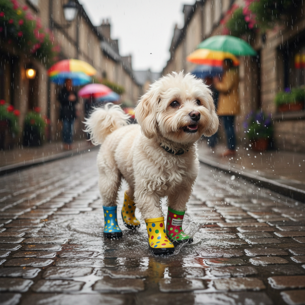 Petit chien portant des bottes de pluie