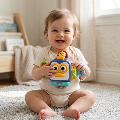 Jouet bebe bébé assi dans sa chambre joue avec son nouveau jouet