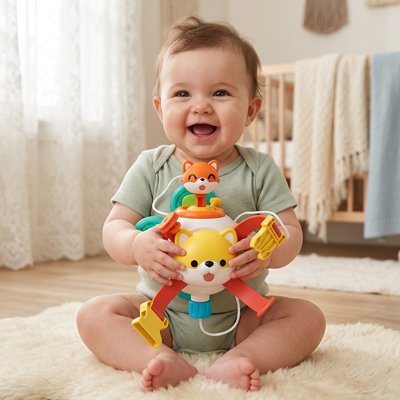 Jouet bebe bébé assis dans sa chambre avec le jouet sur ses cuisses