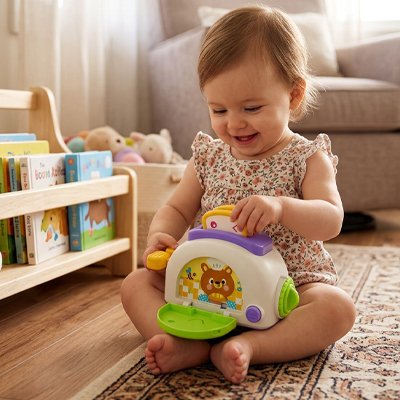Jouet bebe bébé assis jouant avec cejouet en forme de grille pain très intriguant 
