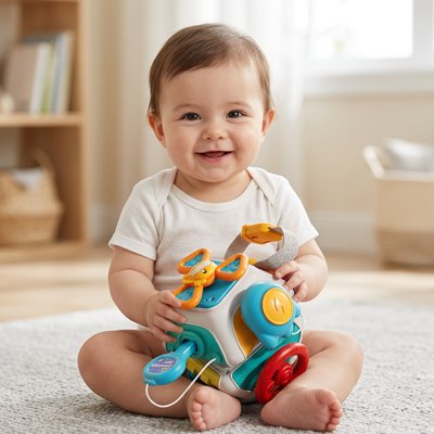 Jouet bebe bébé assis sur son tapis avec ce jouet intriguant 