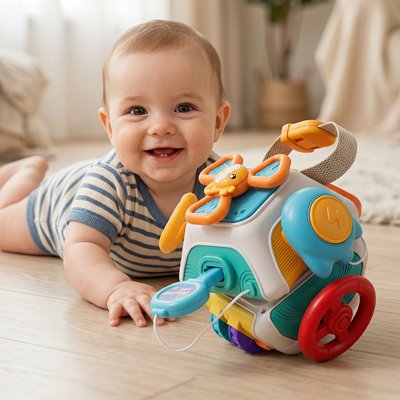 Jouet bebe bébé avec un gros sourire qui admire son nouveau jouet 