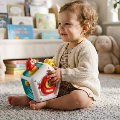 Jouet bebe fillette qui sourit en jouant avec le jouet  maison 