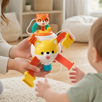 Jouet bebe  maman qui montre au bébé comment fonctionne le jouet 